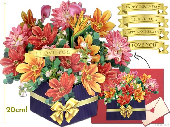 Popcards pop-up kaarten - Groot Vrijstaand Boeket Gekleurde Bloemen Dahlia's Moederdag Verjaardag Jarig Gefeliciteerd pop-up kaart wenskaart