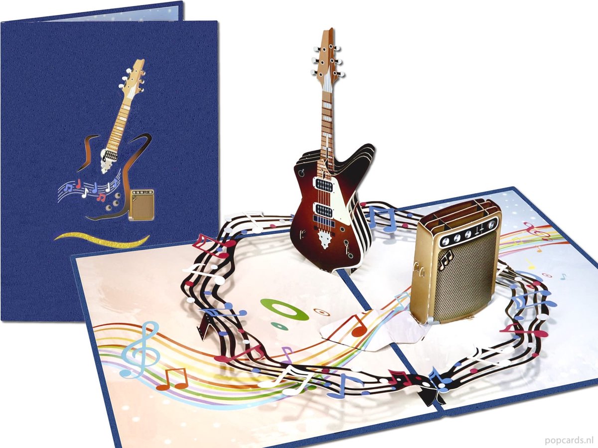 Popcards pop-up kaarten - Elektrische Gitaar met Versterker Muziek Muziekkaart Rock and Roll Basgitaar Wenskaart pop-up kaart 3D kaart