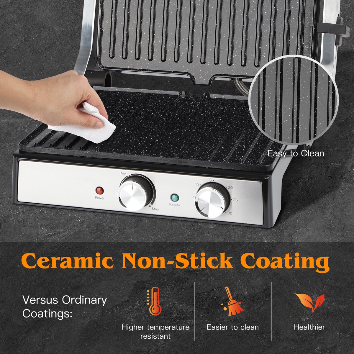 Aigostar Contactgrill - Tosti Apparaat Instelbare Temperatuur - Panini Grill - 29*23cm - PFAS-vrije keramische coating - Timer - 2000W - RVS thumbnail 4