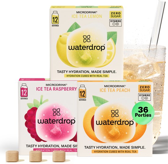waterdrop® Microdrink Ice Tea Set - 36 bruistabletten - suikervrij smaakmaker - Perzik, Citroen, Framboos - met echte thee