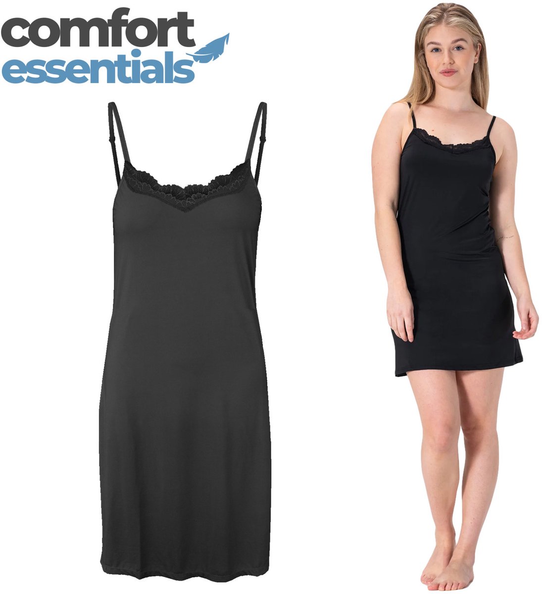 Comfort Essentials - Onderjurk Zwart - Kort Met Kant - S/M - Spaghetti Bandjes - Nachthemd -Nachtjapon - Microfiber - Slipdress - Anti-statisch