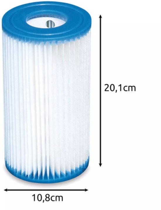 Eén witte Intex zwembadfilter met blauwe boven- en onderranden, met afmetingen 20,1 cm hoog en 10,8 cm breed.