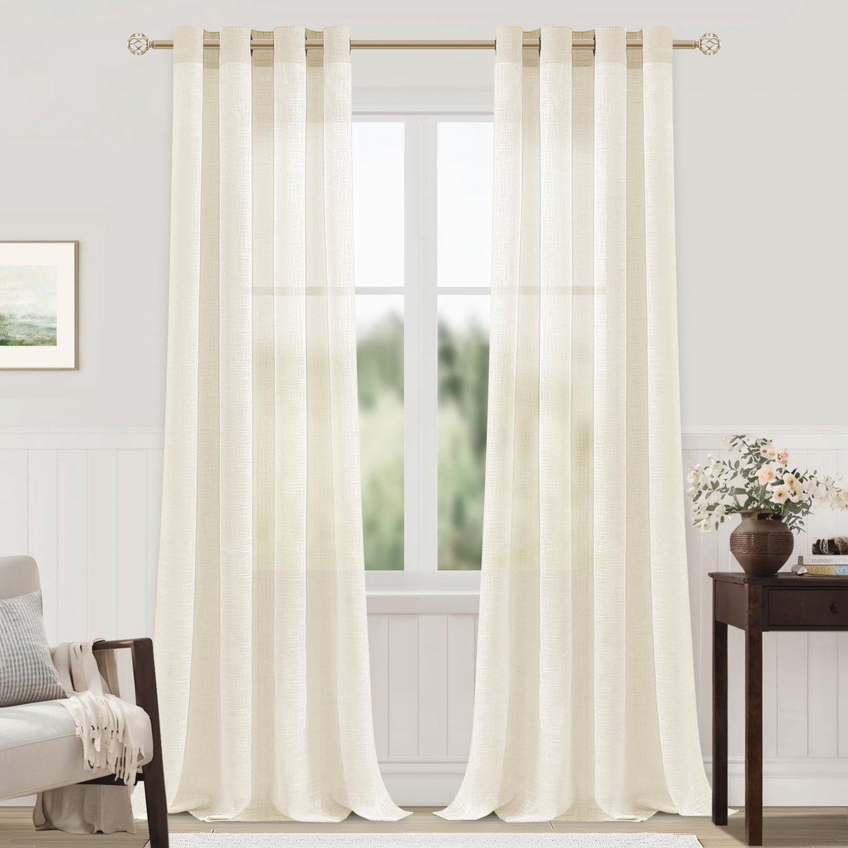 Ibenzoa Elegant Voile Gordijnen Set van 2 met Ingestanste Ringen voor Diverse Kamers crèmewit