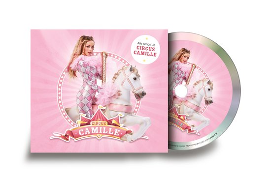 Pochette d'album et CD de Circus Camille, avec Camille sur un cheval blanc dans une tenue à losanges roses.
