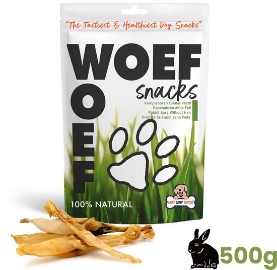 Woef Woef Snacks Hondensnacks Konijnenoren zonder haar - 0.50 KG - Kauwsnacks - Gedroogd vlees - Konijn - vanaf 3 maanden - Geen toevoegingen