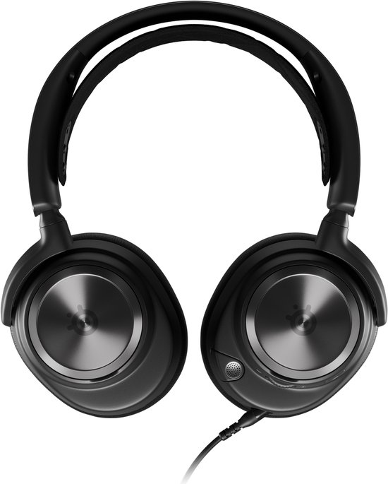 Zwarte SteelSeries Arctis Nova Pro gaming headset, van voren bekeken, met cirkelvormige details.