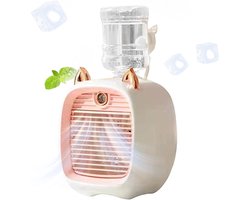 Fan-aircooler-Bureauventilator-Mini Luchtkoeler met Mist en Nachtlampje – Draagbare 3-in-1 Tafelventilator met Luchtkoeling, Luchtbevochtiger en LED-lamp – 3 Snelheden – USB Oplaadbaar – Geweldig voor Kantoor, Slaapkamer en Zomer – roze