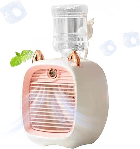 Mini luchtkoeler roze USB ventilator met 3 snelheden, nevel, luchtbevochtiger en LED nachtlampje