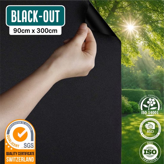 Homewell Verduisteringsdoek 90x300cm - Raamfolie Verduisterend - 100% Blackout - Anti Inkijk, Isolerend en Zonwerend - Herbruikbaar - Statisch – Zwart