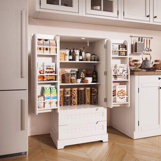 Landhausstil Hoher Holz-Küchenschrank Sideboard Weiß Antik Verstellbare Regale S