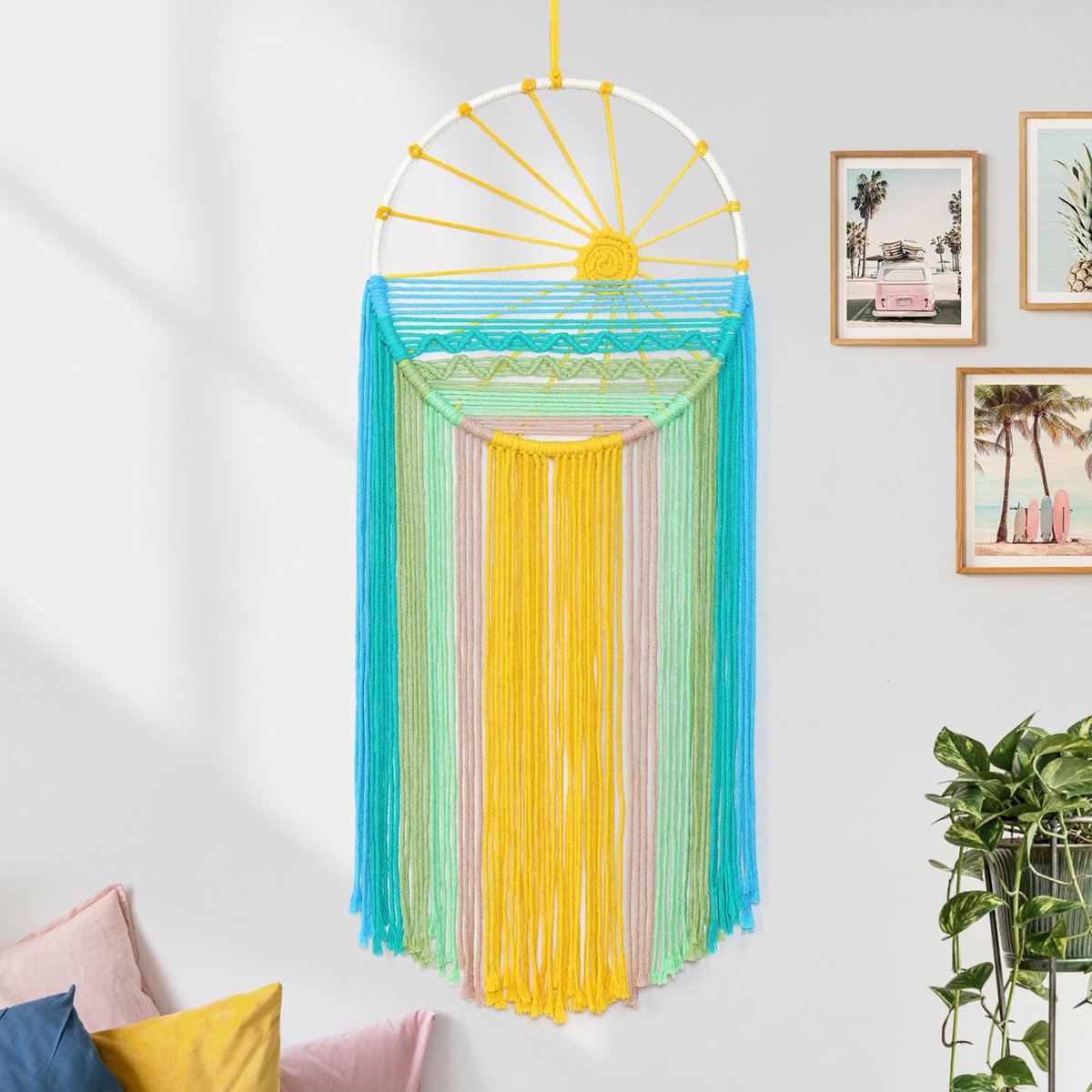 Ibenzoa® Bohemian Macramé Wanddecoratie met Zonpatroon en Regenboog voor Diverse Ruimtes