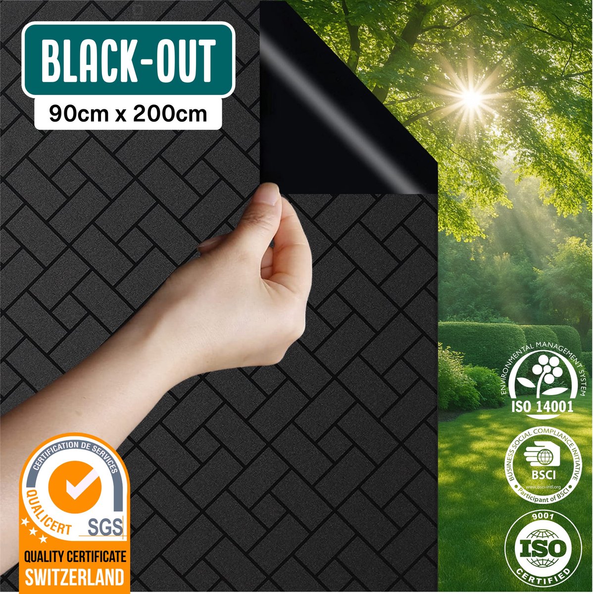Homewell Verduisterende Raamfolie - 90x200cm - Statisch & Herbruikbaar - 100% Lichtdicht - Raamfolie Zwart met Blokken - Zonwerend & Anti-inkijk Blackout