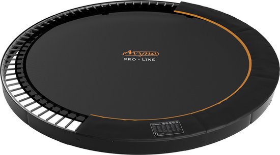 Zwarte ronde trampoline met oranje bies, 'Avyna PRO-LINE' logo en metalen frame.