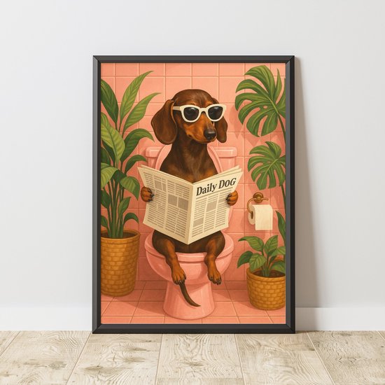 Teckel op roze wc - Ingelijste Poster