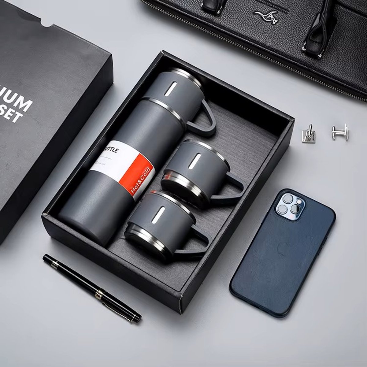 Thermosfles set 3-delig - RVS - Duurzaam, Lekvrij, en Leuk om Cadeau te Doen – Grijs