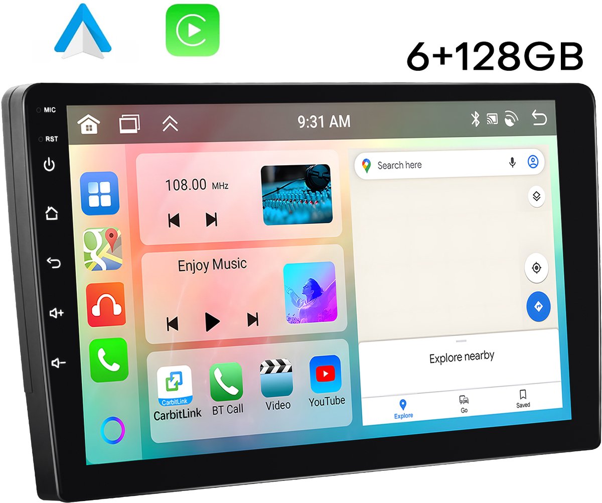 Boscer Autoradio 2Din Universeel - Apple Carplay & Android Auto (Draadloos) - 9 Inch IPS HD Touchscreen - Android 15 - 6+128GB - GPS Navigatiesysteem - Bluetooth, WiFi, USB & MP5 - AHD Achteruitrijcamera & Microfoon