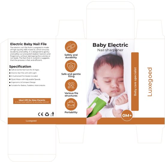 Luxegoed - Nagelvijl set - Nagel vijl set - Electrische Baby Nagel Vijl - Veilig nagels verzorgen met LED licht voor baby, peuter, kinderen en volwassenen - met 6 verschillende vijlen en verstelbare snelheden — afbeelding 5
