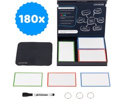 Upliness - Herbruikbare flashcards - 180 stuks - 8 x 13 cm - Systeemkaarten - Inclusief marker, doekje en ringen - leren voor school of studie