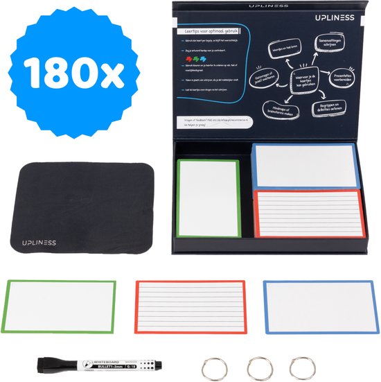 Upliness - Herbruikbare flashcards - 180 stuks - 8 x 13 cm - Systeemkaarten - Inclusief marker, doekje en ringen - leren voor school of studie