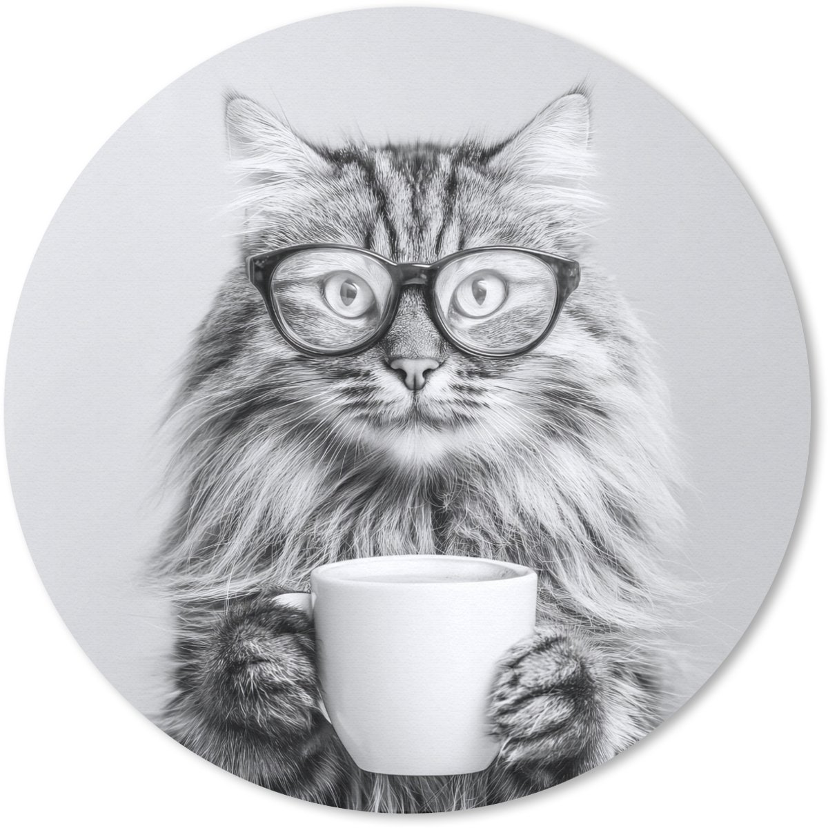 Muismat rond 30x30 cm - Mousepad Kat - Bril - Mok - Pluizig - Ronde muismatten