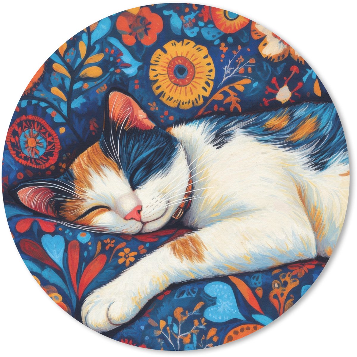 Muismat rond 20x20 cm - Mousepad Kat - Bloemenpatroon - Blauw - Oranje - Ronde muismatten