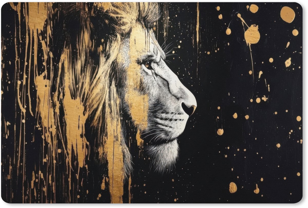 Muismat XXL 90x60 cm - Bureau onderlegger - Bureau mat Portret - Leeuw - Abstract - Goud - Bureaumat - Gaming mousepad xl - Bureaulegger groot - Computer deskmat