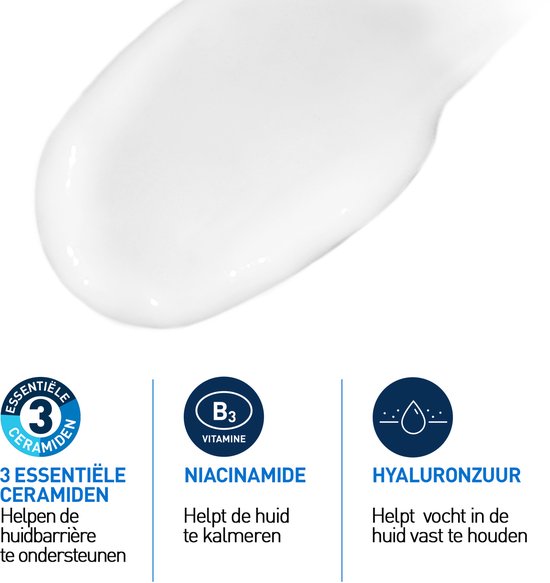 Close-up van CeraVe crème met iconen voor 3 essentiële ceramiden, niacinamide en hyaluronzuur.