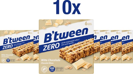 Tien B'tween Zero repen in witte chocoladeverpakking, met witte chocoladestukjes.