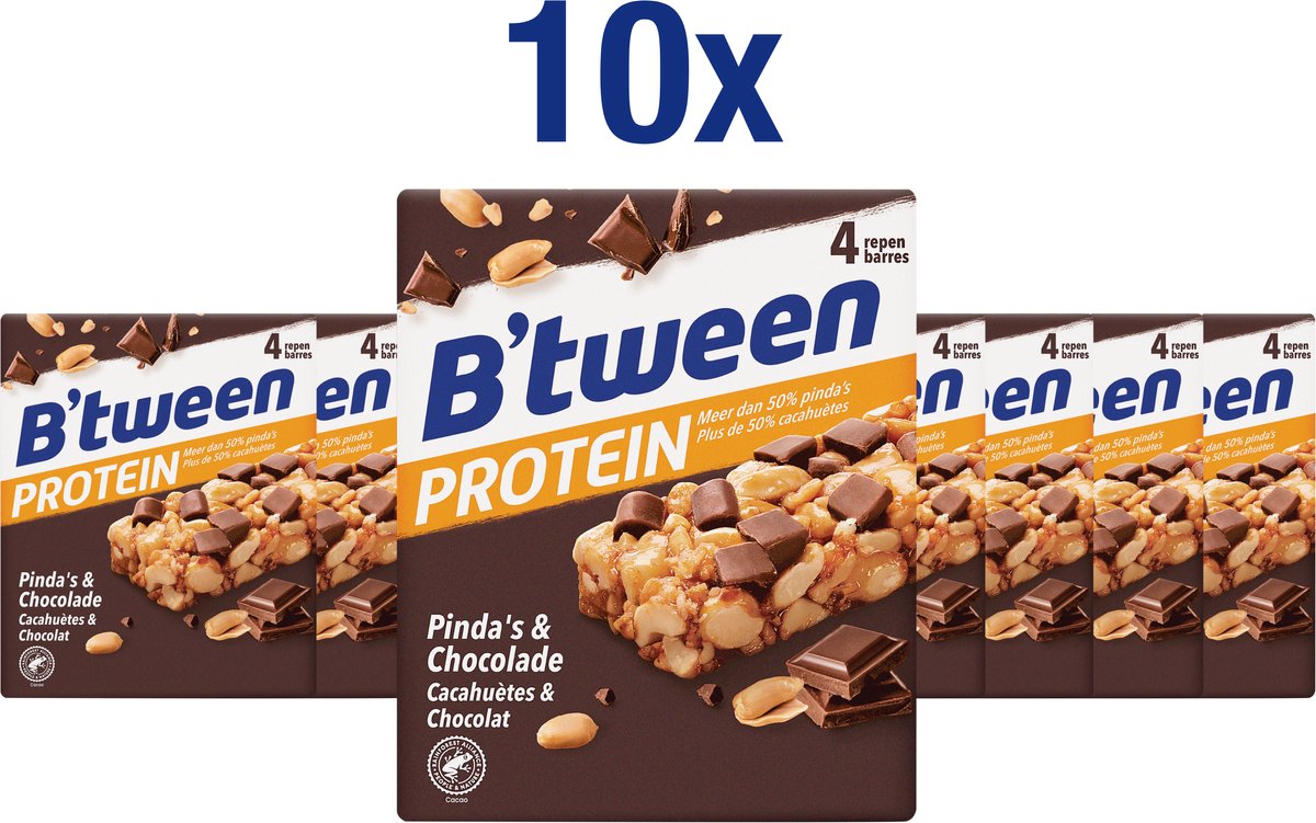 B'tween Protein Pinda's & Chocolade - Tussendoortje - Notenreep - 10 doosjes à 4 x 24g
