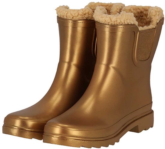 Gouden chelsea regenlaarzen met beige teddy voering.