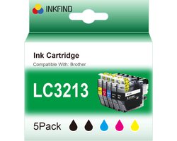 INKFIND LC3213 inktcartridge voor BrotherLC3213 LC3211 LC-3211 LC3213 LC-3213 inktcartridge multipack van 5 stuks (2 x zwart, 1 x cyaan, 1 x…