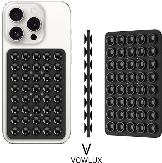 Tapis noir avec 40 ventouses, vue latérale et au dos d'un smartphone.
