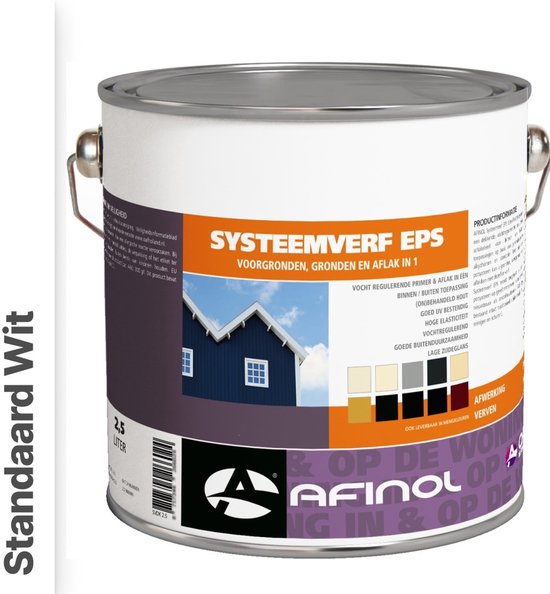 Blik Systeemverf EPS in standaard wit met afbeelding van een donkerblauw huis.