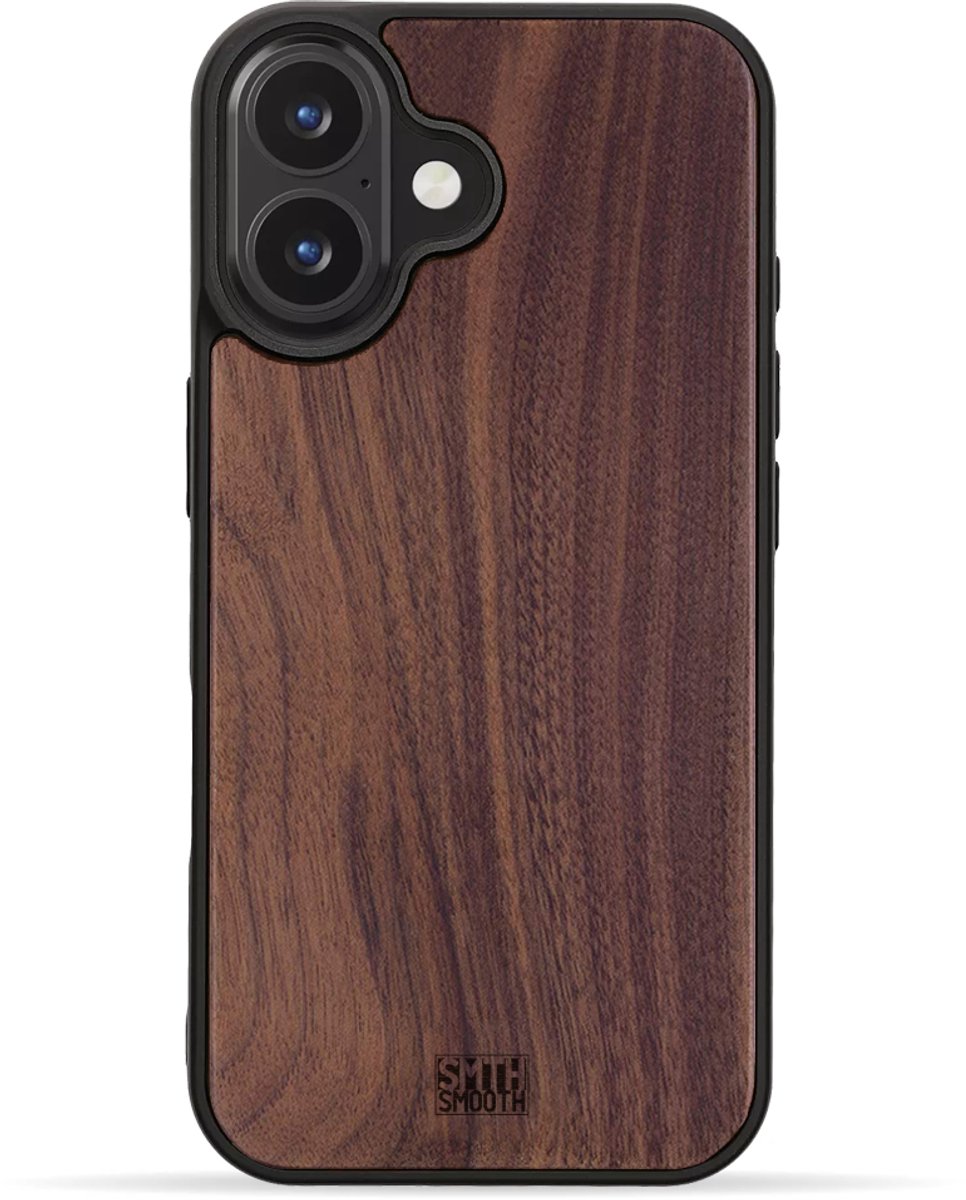 SMOOTH houten iPhone 16 Plus hoesje - WALNOOT - stijlvol en beschermend - gemaakt van echt hout en TPU - ecologisch en duurzaam - MagSafe compatibel