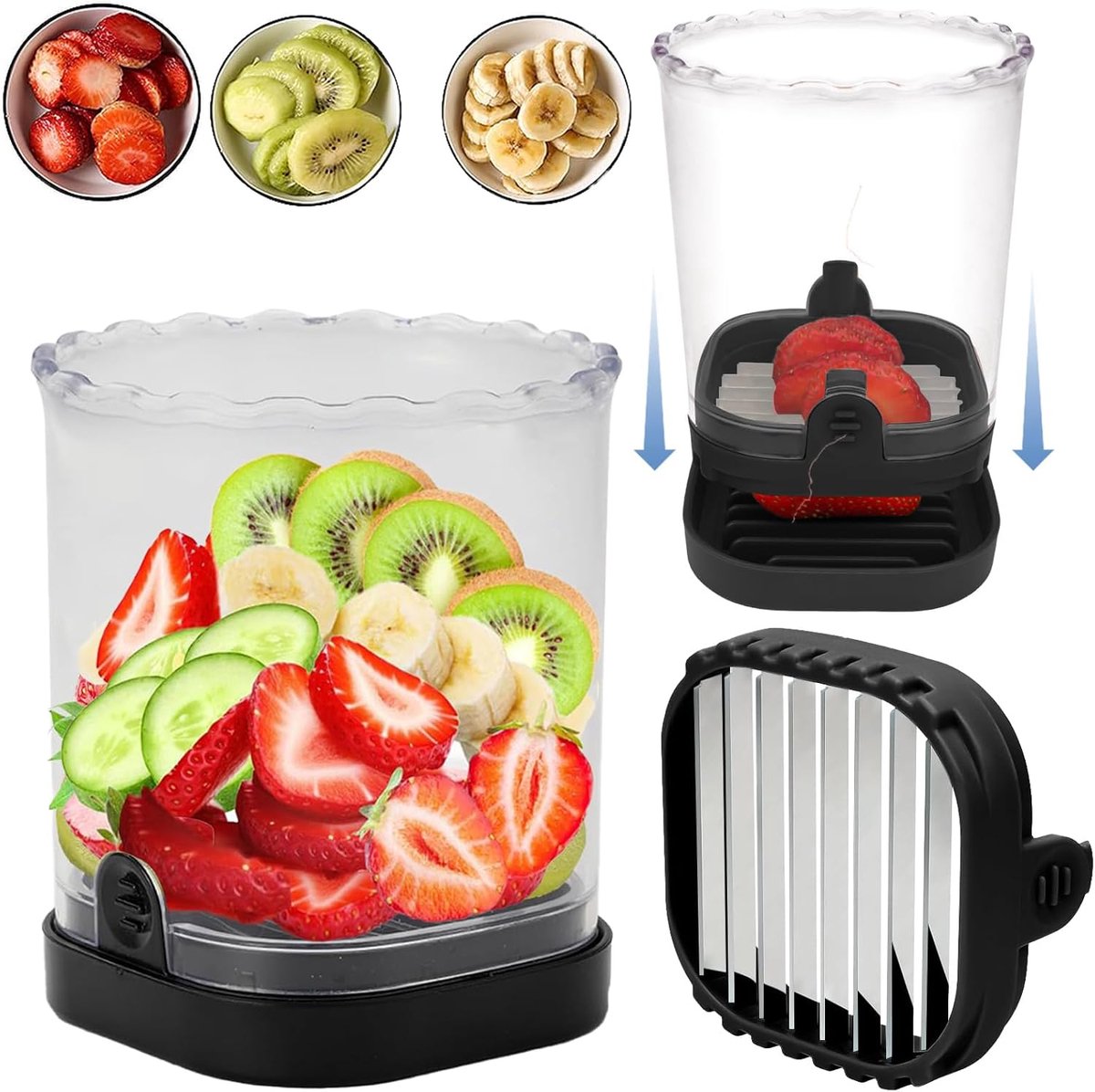 Fruit- & Groentesnijder – Multifunctionele Slicer voor Aardbeien, Bananen, Druiven & Eieren – Keukenhulp met Drukplaat – Afneembaar