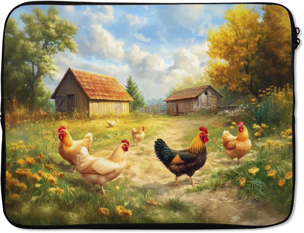 Laptophoes 15.6 inch - Kippen - Landelijke rust - Natuur - Laptop sleeve - Binnenmaat 37x26 cm - Zwarte achterkant