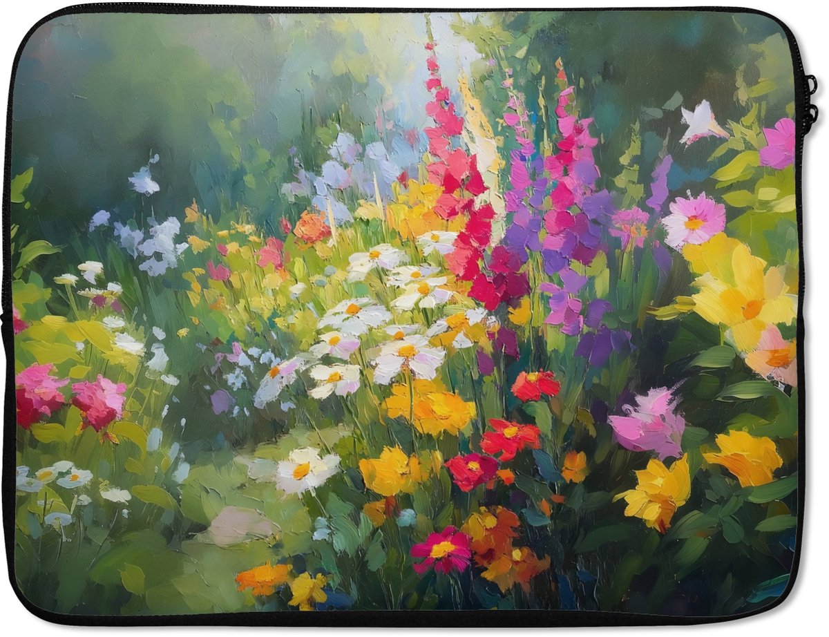 Laptophoes 17 inch - Zomertuin - Sfeervol - Bloemen - Laptop sleeve - Binnenmaat 41x28 cm - Zwarte achterkant