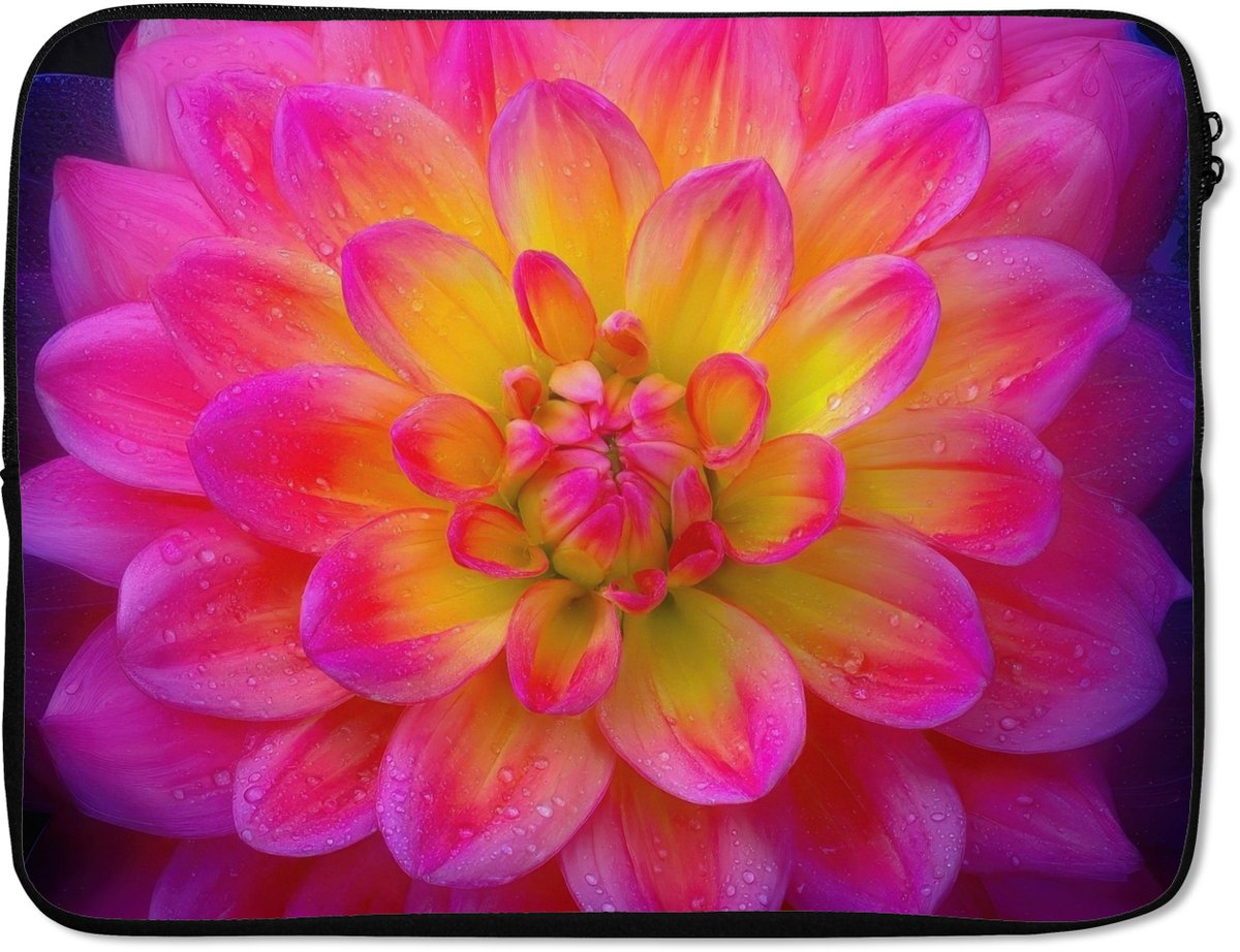 Laptophoes 15.6 inch - Roze - Dahlia - Kleurrijk - Laptop sleeve - Binnenmaat 37x26 cm - Zwarte achterkant