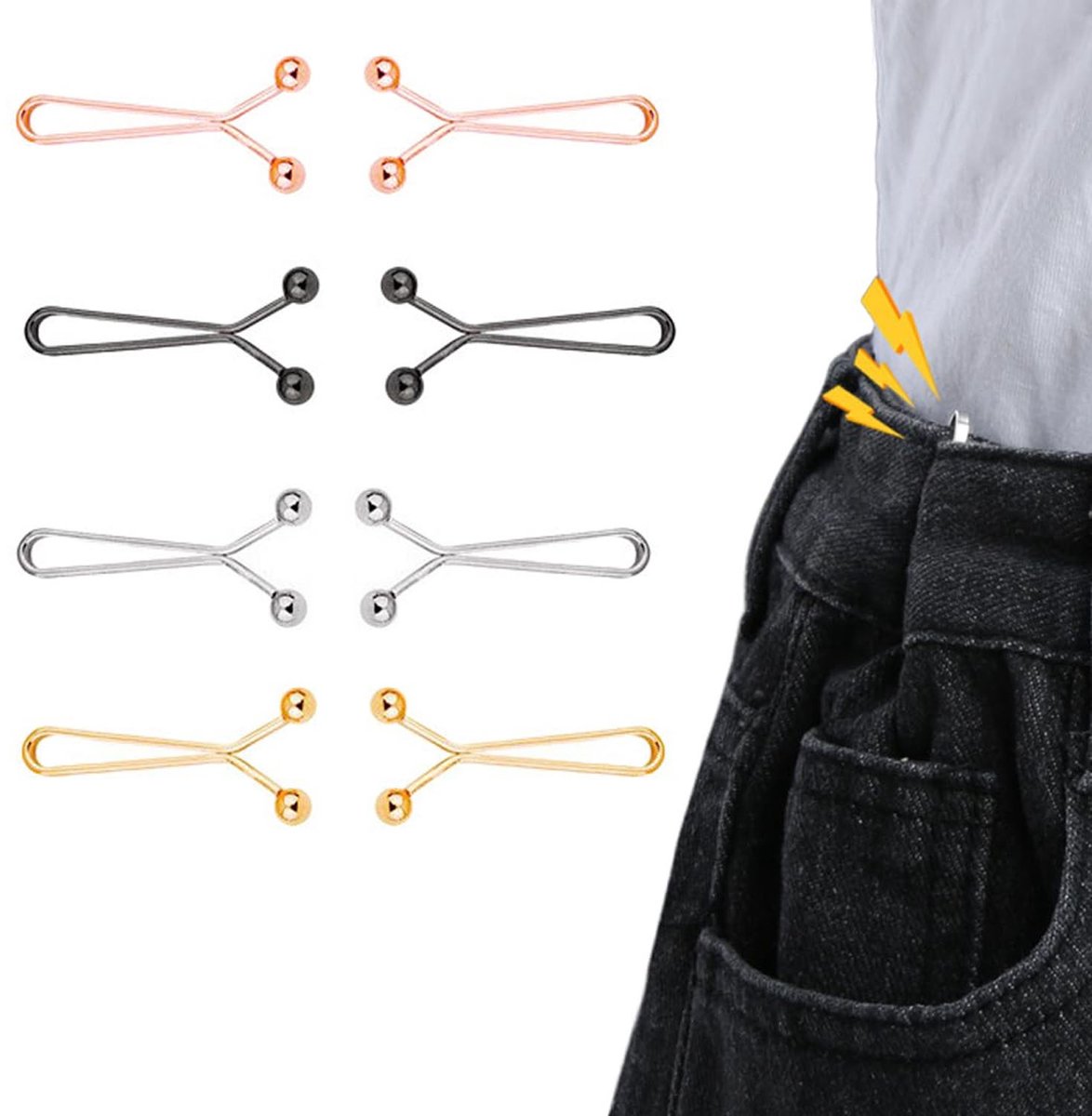8 jeansspelden, verstelbare taille gespen clips, taille aanscherper, geen naaien, jeans knoop spelden knopen, parel jeans knoop spelden, met 4 kleuren