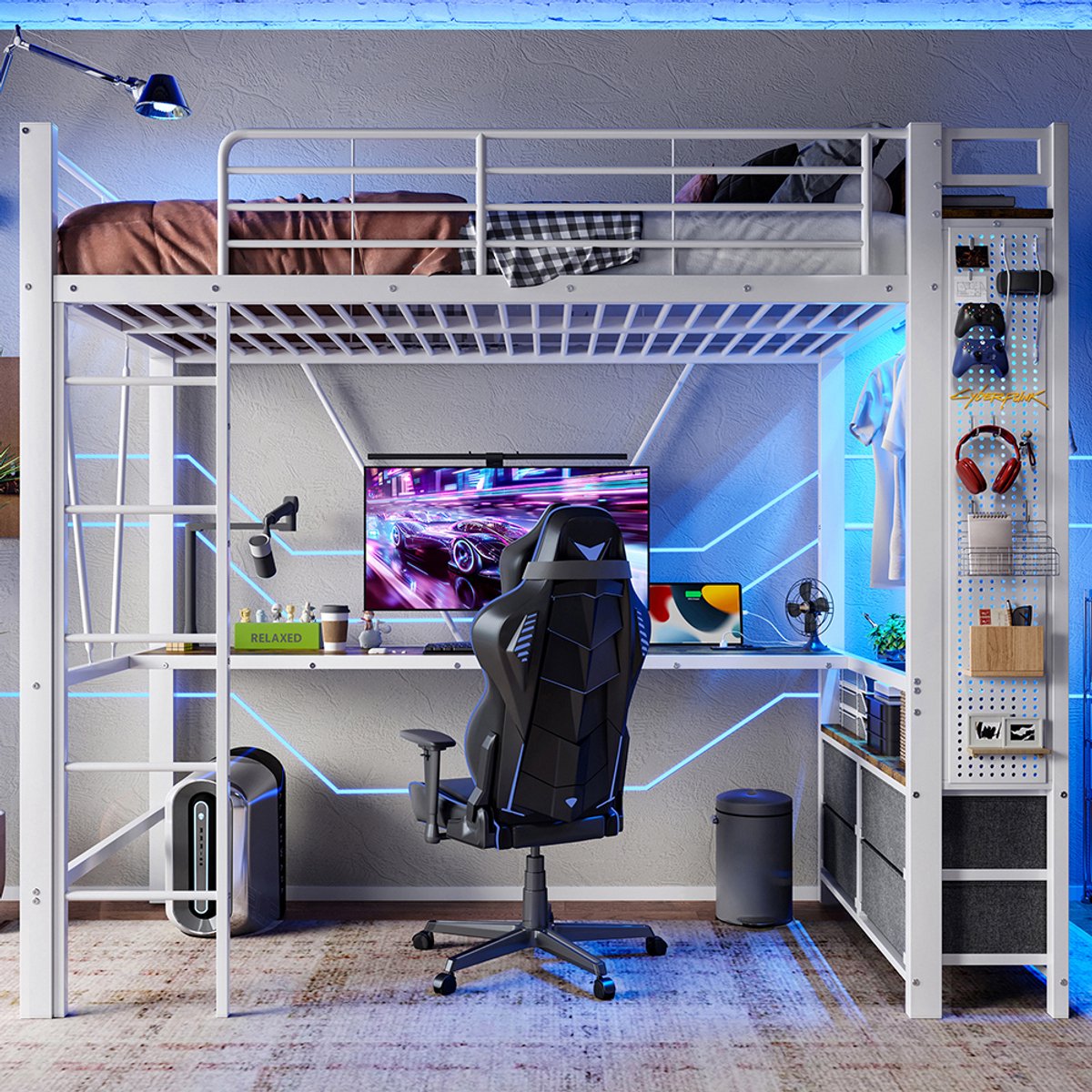 KOMHTOM Hoogslaper, 90 x 200 cm, ijzeren frame Met bureau, met droogrek, met planken, 4 lades, met USB-aansluiting + TYPE-C, ledstrip, reling, ladder, met plank met gaten, zonder matras, wit