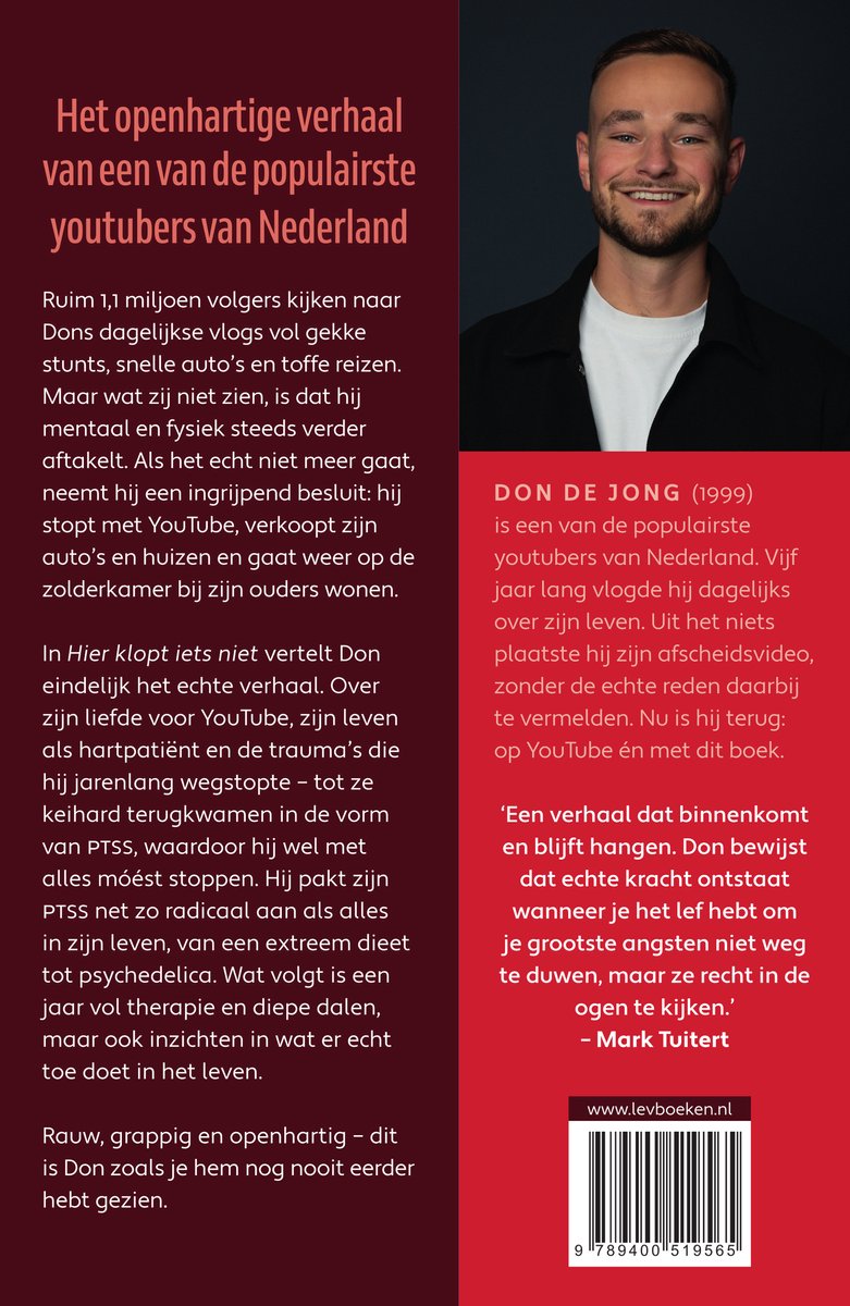 Rechterhelft: een man met baard lacht. Linkerhelft: tekst 'Het openhartige verhaal van een van de populairste youtubers van Nederland'.