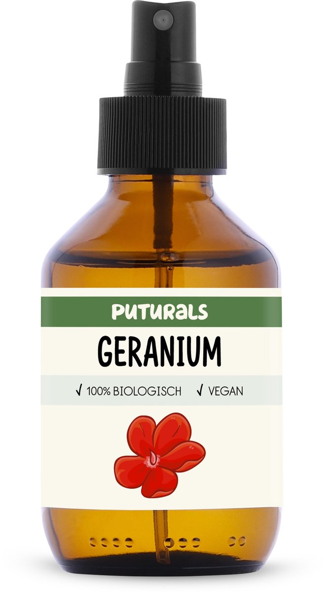 Puturals Geraniumwater 100% Biologisch - 150ml - Puur en Vegan - Geranium Spray voor Huid en Haar - Zonder Alcohol - Bijproduct van Geranium Olie - Bruine Glazen Fles + Verstuiver