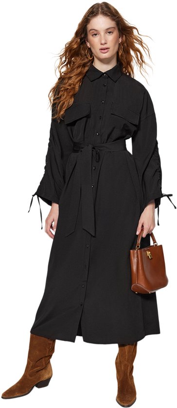 Trendyol Saks Katoenen Geweven Overhemdjurk Met Riem En Verstelbare Mouwen, Detail Tctss23Eb00365