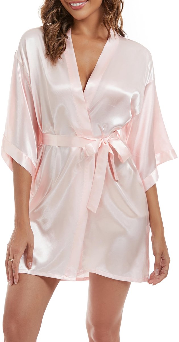 Satijnen Kimono Badjas - Lichtgewicht, Kort en Met Ceintuur - Voor Dames - Roze, Maat L