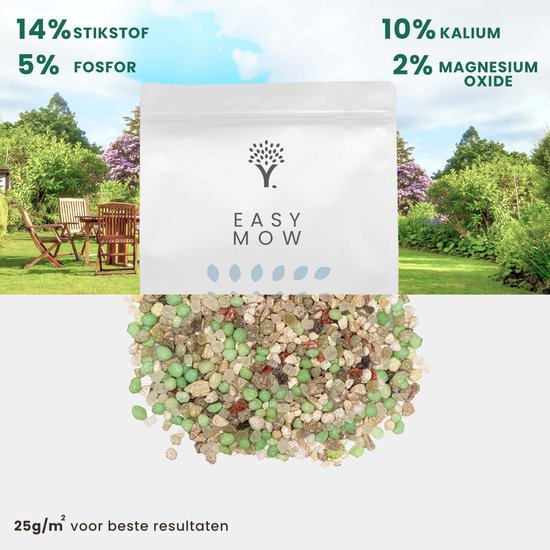 Een zak Easy Mow meststof met korrels, met de tekst '14% STIKSTOF 5% FOSFOR' en '10% KALIUM 2% MAGNESIUM OXIDE'.