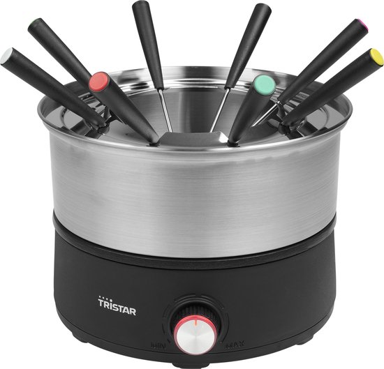 Elektrisch fondueset met RVS pot, zwarte basis en 8 gekleurde fonduevorkjes.