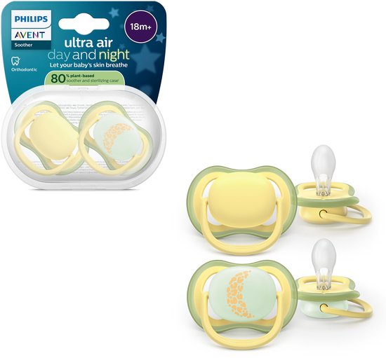 Set de sucettes Philips Avent Ultra Air Jour & Nuit, 18m+, jaune et vert menthe avec motif lune.