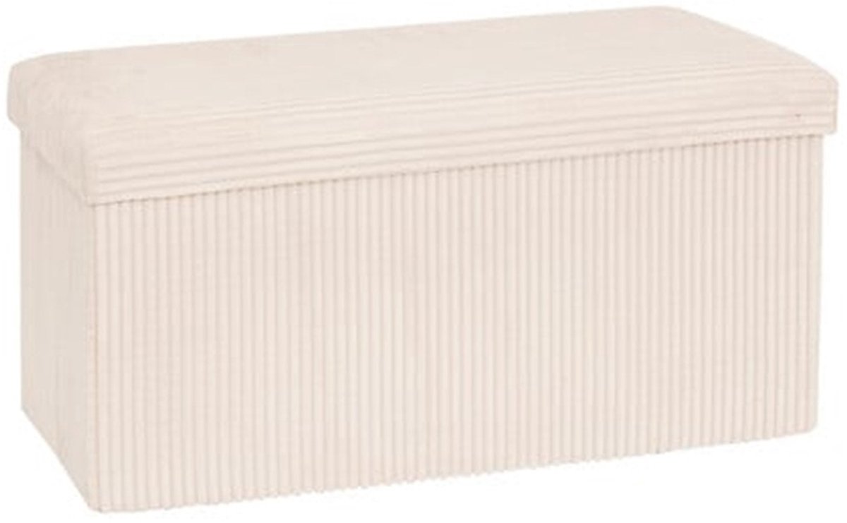 Atmosphera Hocker / Poef Ribcord - opvouwbaar - wit - MDF/polyester - 76 x 38 cm - opbergruimte - extra zitplaatsen - 2 persoons