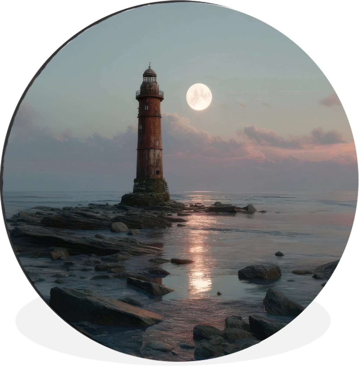 WallCircle Wandcirkel - Muurcirkel - Vuurtoren - Stenen - Water - Maan - Aluminium - Dibond - 90x90 cm - Binnen en Buiten Vuurtoren - Maan