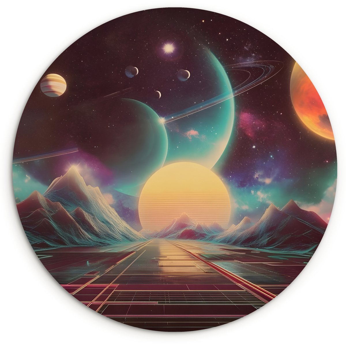 WallCircle Wandcirkel 90x90 cm - Muurcirkel Planeten - Neon - Berglandschap - Zon - Muurdecoratie woonkamer - Wanddecoratie slaapkamer - Kamer decoratie accessoires - Ronde schilderijen